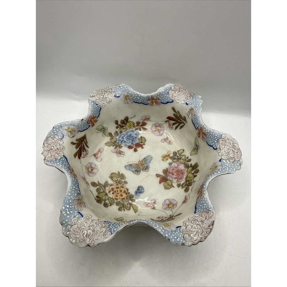 Vintage D&M NY Asian Style Porcelain Satsuma Cabbage Bowl Stamped Scalloped